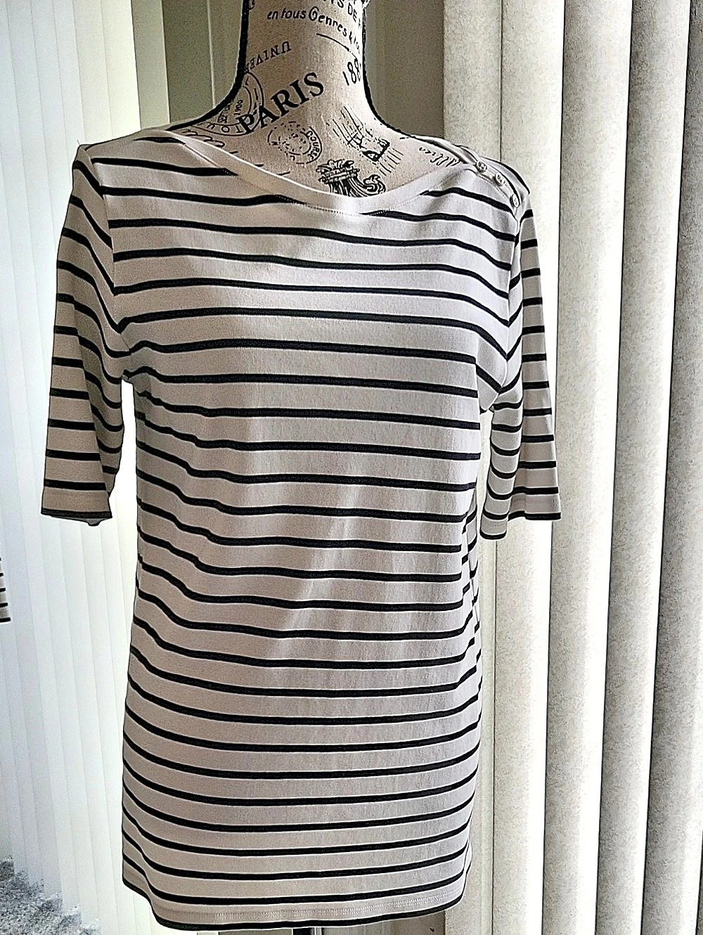 Lands' End Women's Supima Cotton Elbow Sleeve Boatneck Button Shoulder Tee